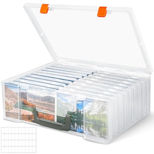 ZPQAODI Fotoaufbewahrungsbox, 36,3x26,7x12cm, 18 innere Halter, transparent, mit Aufklebern, Kunststoff-Photo-Organizer für Sammler, Bastelkarten, Bürobedarf
