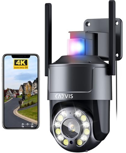 CAYVIS 4K 8MP Telecamera Wi-Fi Esterno, 2,4/5Ghz, IP Videocamera Sorveglianza Rilevamento Persone, Auto Tracking Allarme Luce Rossa-Blu Visione Notturna a Colori 40m PTZ 2-Audio IP66 (Zoom ottico)