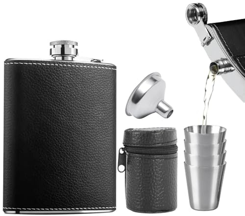 Zasvec Flasque Alcool Set avec Entonnoir et Verres à Shot en Acier Inoxydable Portables Flasque pour Hommes, Noir