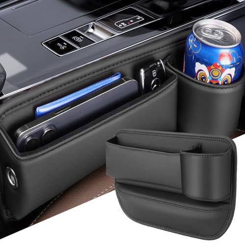 Norhogo 2 in 1 Front Seat Gap Filler & Storage Box with Cup Holder, car organiser front seat, PU Leather Car Seat Gap Organizer, car gap filler for Glasses Phones Keys and Cards Driver's side black