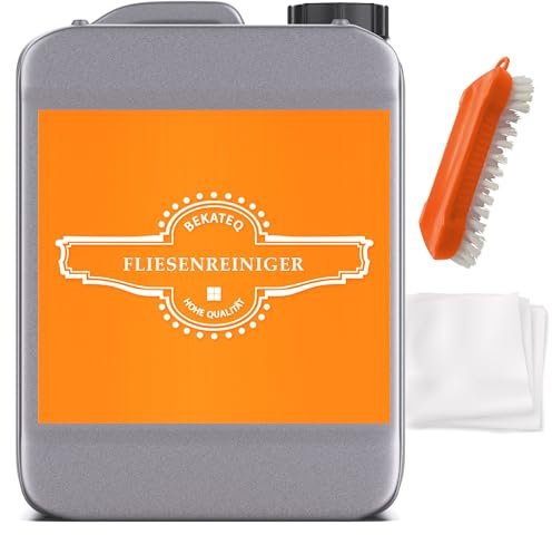 Fliesenreiniger Konzentrat 10l + Bürste + Fasertuch - Steinreiniger innen & aussen Betonreiniger, Bauendreinigung, Fugenreiniger, Reiniger für Wand & Bodenfliesen - löst Öl, Fett, Kalk BEKATEQ BE-714