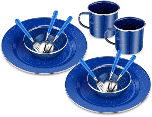 Nuogo 12 Pcs Enamel Camping Tableware Set Dinnerware Kit Includes 12 oz Coffee Mugs Camping Plates Bowls and Utensils Set with Knife Fork Spoon for 2 People Hiking Picnic Outdoor(Blue)