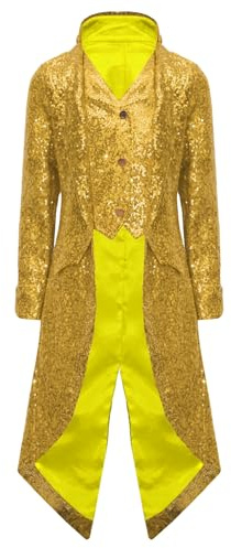 YOOJIA Kids Boys Vintage Gothic Tailcoat Jacket Medieval Victorian Frock Coat Sequins Steampunk Halloween Costume Gold 16 Years
