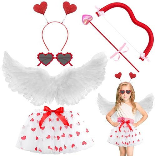 Lets Joy Amor Kostüm Mädchen, 5 Stück Karneval Kostüm Zubehör, Amor Engelsflügel Kostüm, Amor Kostüm Set Kinder, Herzchen Tutu Flügel Enge Herz Stirnband Brillen Pfeil Bogen, Karneval Party Zubehör