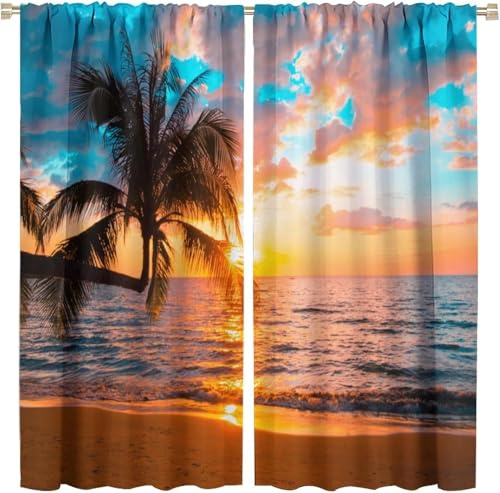 Pencil Pleat Blackout Curtains Beach Sunset Landscape 140X160 Cm (W + H) Indoor Blackout Curtain, 3D Thermo-Insulating Window Curtains Polyester Material Bedroom Drapes Blackout Curtains -367793307