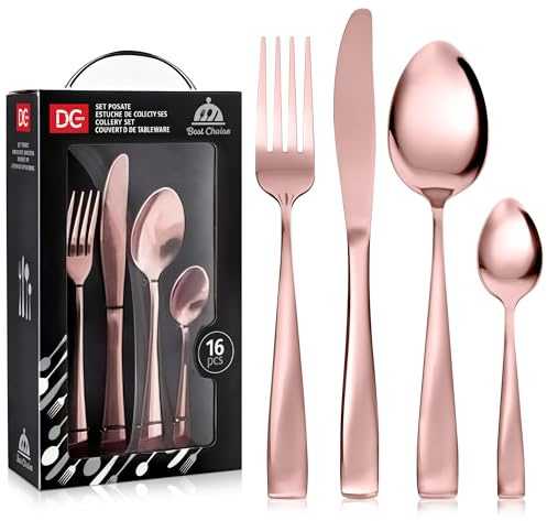 Dc Casa Servizio Posate 16 Pezzi in Acciaio Inox – Set Completo per 4 Persone, Design Raffinato e Moderno (Oro Rosa Lucido)