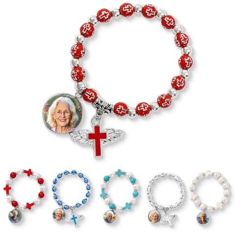 UIDMEN Personalisiertes Foto-Rosenkranz-Armband, Gedenkarmband für Frauen, Mama, Oma, christliches Kreuz-Armband, Gebetsgeschenk