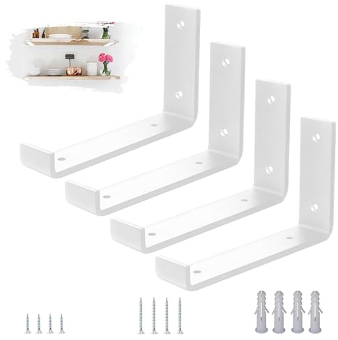 VTOPVMAX Lot de 4 Equerre Etagere Murale Moderne Blanche, Support en Acier 5mm pour Étagère Charge Lourde avec Rebords Anti-Glissement - Pour Fixation Équerre Étagère 20cm