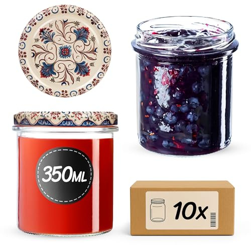 KADAX Marmeladengläser 350ml TO82, Einmachgläser Vorratsgläser Mason Jar mit Schraubdeckel, Luftdichte Schraubgläser, Honig & Konfitüre (Beige/Blau, 10 Stück)