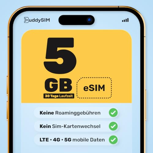 BuddySIM – eSIM Schweiz – Digitale Prepaid SIM ohne Vertrag – 5G LTE Highspeed Daten – Aktivierung per QR Code – Keine Roaming-Gebühren – Schweiz SIM Karte