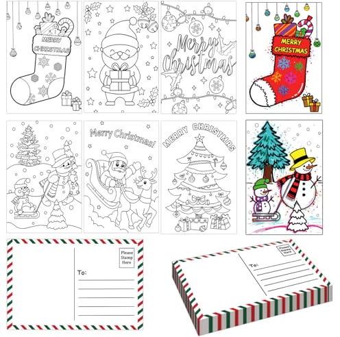 Postkarten zum Ausmalen von Weihnachten, blanko, 10,2 x 15,2 cm, 6 Designs, zum Ausmalen, Frohe Weihnachten, Grußkarten für Familie, Schule, Klassenzimmer, Partygeschenke