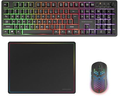 Mars Gaming MCPWX, Trådlös Gaming-Combo, DualPro Link 2.4GPRO-teknologi, Fullstorlek FRGB-tangentbord med Multimediakontroll + RGB 3200DPI-mus + Halkfri musmatta 360x260mm, Svart, Engelska US