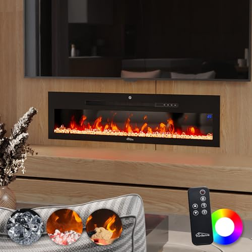Tronitechnik® Wandkamin elektrisch, Panorama Elektrokamin mit LED Flammeneffekt dimmbar inkl. Kristalle, Elektroheizung 900/1800W, App-Steuerung & Fernbedienung, Timer, schwarz