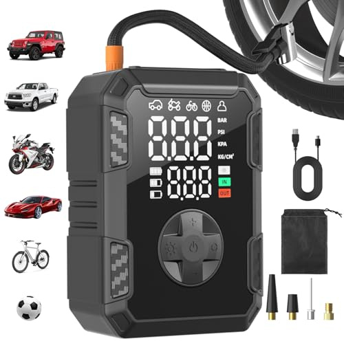 Oasser Gonfleur Pneus Voiture sans Fil Mini Compresseur à Air Portatif 150 PSI (10,3 Bar) Inflation Rapide Cylindre 19 mm Affiche 2 Valeurs Type-C USB Charge avec Tuyau de 30 cm et Sac de Rangement