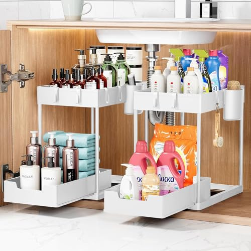 Rangement sous Evier 2 étages,Organisateur sous Evier Tiroir Coulissant à Extraction,étagère de cuisine, étagère à épices, Panier de rangement multifonction pour salle de bain–Blanc,2PCS