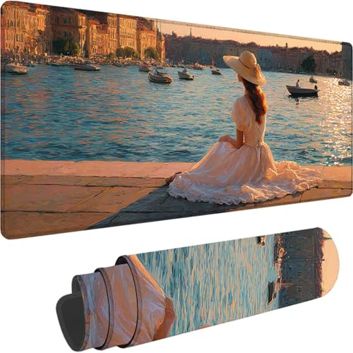 Alfombrilla Ratón XXL 1600x800x3 mm, Azul Mouse Pad Lago Alfombrilla Escritorio con Bordes Cosidos Diseño, Impermeable y Antideslizante Mousepad para Ratón y Teclado, Oficina y Gaming en Casa w-1682