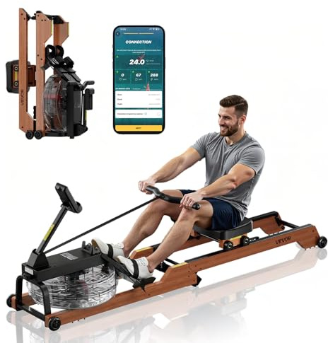 VEVOR Water Rowing Machine, 6-Level Quiet Resistance, Wooden Foldable Rower Machine with 14L Water Tank & LCD Monitor, Bluetooth App Compatible, 158kg Weight Capacity, Immersive Row Machines for Home