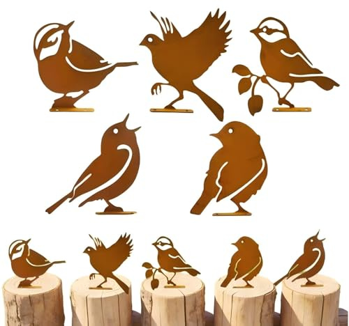 Pangutheos Lot de 5 Oiseaux Décoratifs en Métal Rouillé, Décoration de Jardin Extérieur avec Fixation Facile pour Clôture, Arbre et Patio, Silhouettes Réalistes