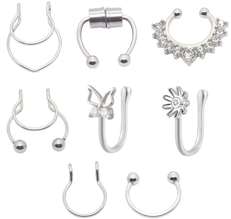 MNYXIS 8 Stück Fake Septum Fake Piercing Fake Nasenpiercing für Frauen Männer Edelstahl Fake Nose Ring Septum Non Pierced Nasen Septum Ring Knorpel Manschette Nicht Piercing Ohrringe