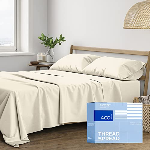 THREAD SPREAD King Size Cotton Sheets Set - 400 Series Glee Collection 100% Cotton Sheets for King Bed (4 PC, Ivory), 16 in Deep Pocket Soft Bed Set for Hot Sleepers, Luxury Hotel Cooling Sheet