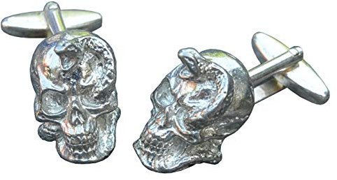 Manschettenknöpfe Totenkopf, Totenkopf mit Schlange, aus Zinn (Pewter), von Hand Gegossen, William Sturt