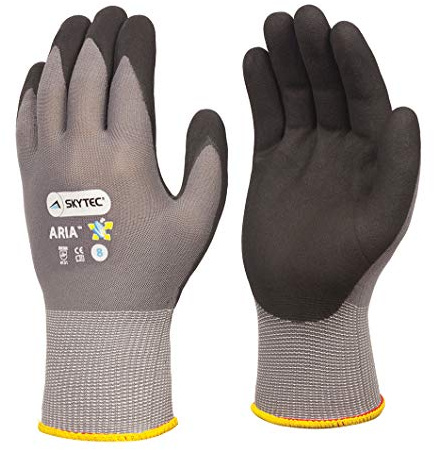 Skytec 1 Pack Aria Foam Grey Safety Work Gloves – Lightweight Nylon Gloves with Nitrile Coating and Secure Grip For Heavy-duty Work (Large)