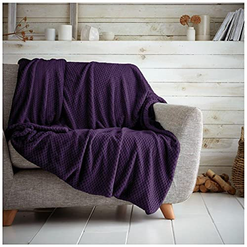 GC GAVENO CAVAILIA Waffle Popcorn King Throw – Soft Honeycomb Textured Blanket for Sofa and Bed | Lightweight, Fluffy and Easy Care Bedspread | Cosy, Warm Throw for All Seasons, Purple, 200x240 cm