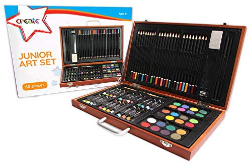 Create Wooden Art Set - (80 Piece) Deluxe Art Creativity Set Box for Colouring, Drawing and Sketching, Gift for Artists