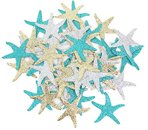 Mybbshower Glitter Paper Starfish Confetti for Birthday Party Table Scatter Beach Theme Party Wedding Decorations DIY Crafts Pack of 150 (teal gold silver)