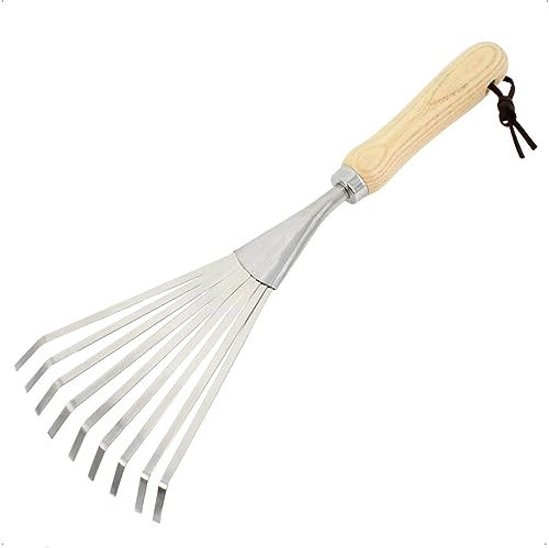 Rekord Kleinfeger (Edelstahl) mit Holzgriff und Aufhängeband Länge: 35 cm Arbeitsbreite: ca. 14 cm, Harke, Rechen, Fächenbesen, Kleinrechen, Laubrechen, Gartenharke