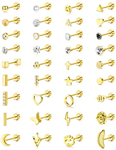 ADRAMATA 36-teiliges Knorpel Ohrstecker Set - Damen & Herren, Edelstahl, Schraubverschluss, Langhantel, Piercing Schmuck