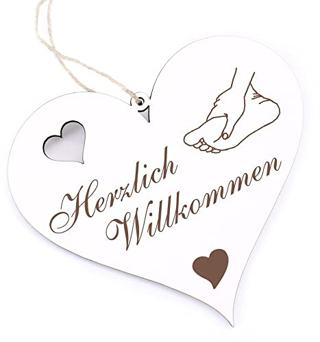 Herzlich Willkommen Schild - Fuß und Hand - Deko Herz Holz Willkommensschild Türschild Dekoschild Türdeko