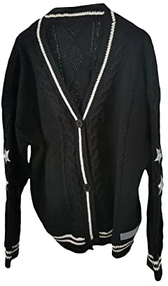 Achlibe Damen Herbst Winter Strickjacke Langarm V-Ausschnitt Stern Print Button Down Pullover Strickwaren, Schwarz , XL