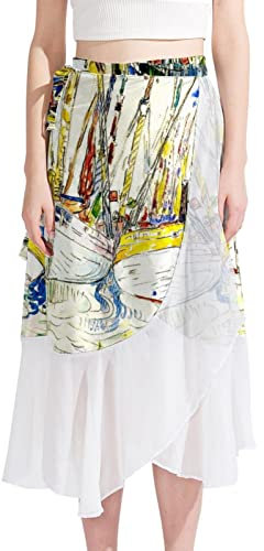Women Swimsuit Cover Up Short Chiffon Abstract Colorful Boat Art Painting Summer Beach Sarong Bikini Wrap Skirt Bathing Suit Multicoloured