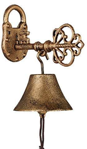 Relaxdays Cloche en Fonte, Design Antique, Motif Clef, avec Corde, Clochette pour l’extérieur, Accessoire Mural, doré