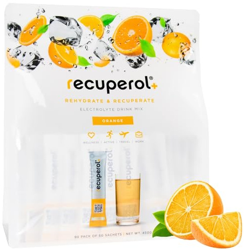 Recuperol Electrolytes Sachets | Electrolytes Powder for Rehydration | 90 Sachets | Sugar-Free Hydration Powder | Zinc, Vitamin C, B12, D3, Potassium | Natural Orange Flavour