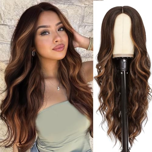 PORSMEER Perücke Damen Dunkelbraun mit Goldbraun Highlight Wig Kunsthaar Natürlich Perücke Lange ohne Pony Wellig Gewellte Lockig Braun Perücke Für Frauen 26 zoll