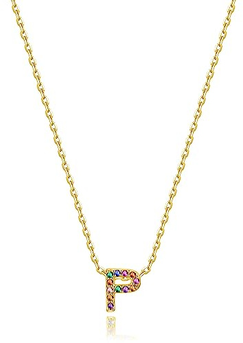 Collar de Plata de Ley 925 con las Letras Llenas de Circonitas de Colores para Mujer. Colgante acabado en Plata o Baño Oro 18K. Perfecto para Regalo de Cumpleaños. Joyas para mujer. (P, Baño en oro)