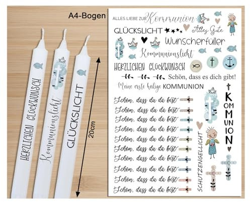 Kerzentattoos Kommunion Deko A4 Wasserschiebefolie Kommunionkerze Kerzen Tattoo Folie Kerzenfolie Erstkommunion Deko Kerzenschiebefolie Kerzenaufkleber für Stabkerzen Kerzentattoo Kerzenfolien Sprüche