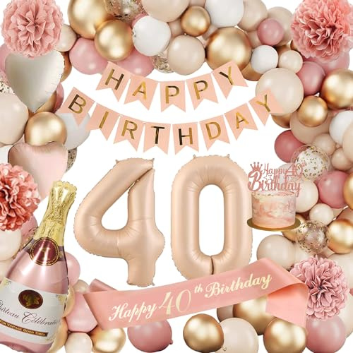 Deko 40 Geburtstag Frauen, Geburtstagsdeko, Zahlen Luftballon 40.Geburtstag | 40 Retro Rosa Ballon Girlande mit Girlande, Champagner Ballon, Seidenpapier Pompons für Frauen Party Deko