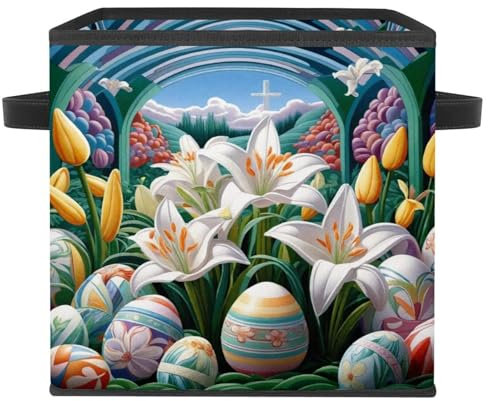 Large Cube Storage Bin with Leather Handles, Durable Foldable Storage Box for Home Organization, Easter Eggs Lilies