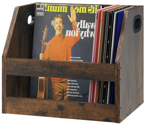 YMYNY Holz Record Aufbewahrungshalter 38×29×29CM Rustikal Braun HCD001H | Vinyl Album Box Kiste mit Griff, Buch Regal Desktop Organizer Trapezoid LP Record für Ordner, Bücher, Fotoalben