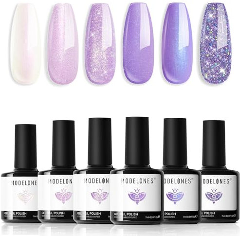 Modelones Purple Glitter Gel Nail Polish Set, 6 Colors Shimmer Mermaid Cat Eye Sparkle Gel Polish Soak Off Summer Polish Set for Women DIY Nail Art Gift