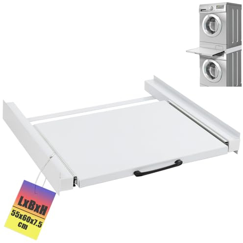 Stahl Verbindungsrahmen mit Ablage für Waschmaschine Trockner, mit Zurrgurt | 60x55 cm, Universell Rutschfest Zwischenbaurahmen Zwischenbausatz, Waschmaschinenzubehör Trocknerzubehör