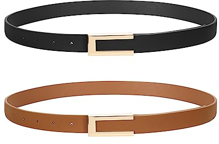 SUOSDEY 2 Pack Schmaler Gürtel für Damen, Dünner Ledergürtel Mode Taillengürtel für Kleid Jeans mit Goldschnalle schwarz+braun