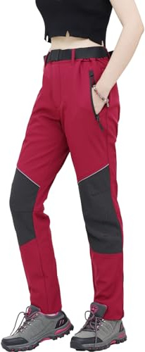 WORK IDEA - Pantalones de senderismo para mujer, material impermeable, corte elástico, calor durante el invierno, cremalleras de contraste, Rojo intenso, M