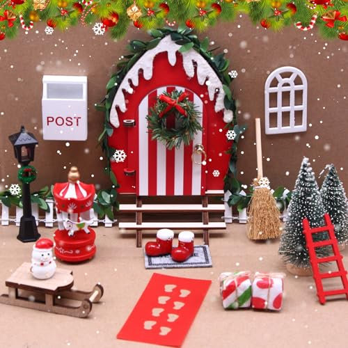 Wichtel Zubehör, Wichteltür Set, Wichtel Baustelle Set, Wichteltür Komplettset, Miniatur Wichtel Zubehör Weihnachten, Holz Wichteltür zubehör für Weihnachtsdeko Wichtelhaus, Kinder Geschenke (D)