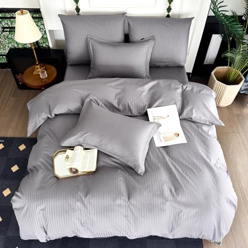 Amolavet Juego de ropa de cama de hotel 200 x 200 cm, algodón gris, 3 piezas, 200 x 200 cm, satén mako, diseño de rayas, color gris con cremallera, para todo el año