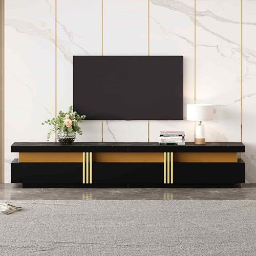 Sweiko Meuble TV Moderne 200 x 40 x 42 cm avec 3 tiroirs, Meuble de salon Bas avec rangement à texture marbre pour téléviseurs jusqu'à 90 pouces (Noir)