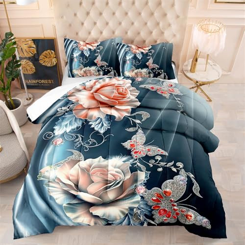Bettdecke 200X200 Rosa Rosen Bettdecken 200Gsm,Dünne Und Leichte Duvet,4 Jahreszeiten Bettdecken,Weiche Mikrofaser Bettdecke Mit 2 Kissenbezüge,Warm Steppbettdecke Für Allergiker